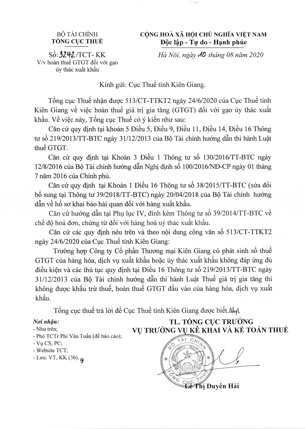 Công văn số 3242/TCT-KK của Tổng cục Thuế 10/08/2020 v/v hoàn thuế GTGT đối với gạo uỷ thác xuất khẩu